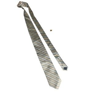 Paul Frederick Mens Striped Silk Necktie Silver Orange Blue Formal Business